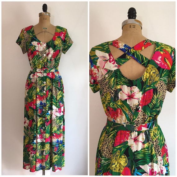 Vintage 1980s Floral Garden Dress 80s Puffy Sleeve