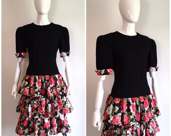Vintage 1980s David Warren Rose Print Ruffle Party Dress 80s Saks Fifth Avenue Dress