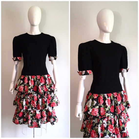 Vintage 1980s David Warren Rose Print Ruffle Part… - image 1