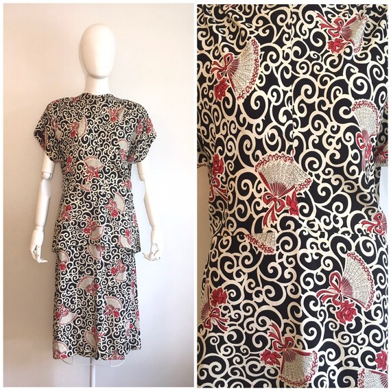 Vintage 1940s Fan Novelty Print Dress Set 40s Flor