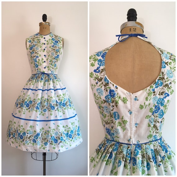 Vintage 1950s Floral Rose Sundress 50s Voile Cotto