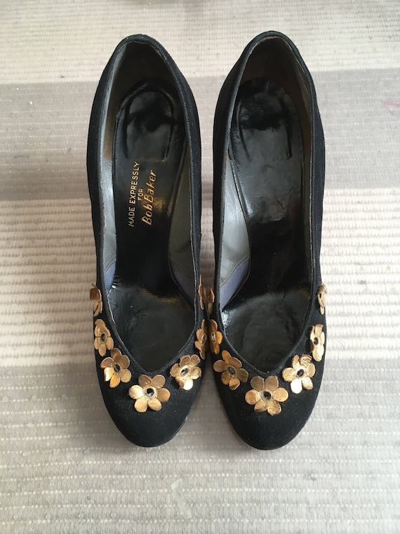 1940s Bob Baker Gold Flower Black Suede Shoes 40s 