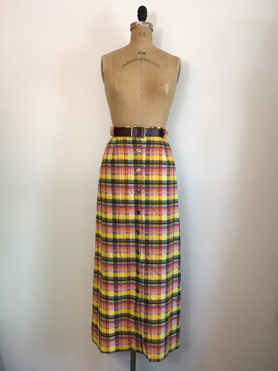 Vintage 1970s Prestige Yellow Plaid Maxi Skirt 70… - image 2