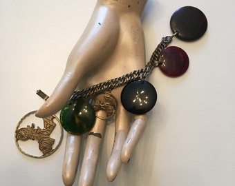 Vintage 1950s Bakelite Disc Car Charm Novelty Bracelet 50s Wood Wooden Bracelet
