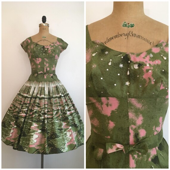 Vintage 1950s Scenic Novelty Print Dress 50s Beach