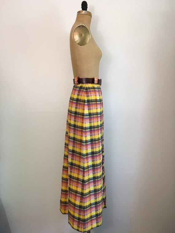 Vintage 1970s Prestige Yellow Plaid Maxi Skirt 70… - image 3