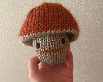 Fun Guy Handmade Knit Stuffed Mushroom Plushie Stuffie Pumpkin And Tan