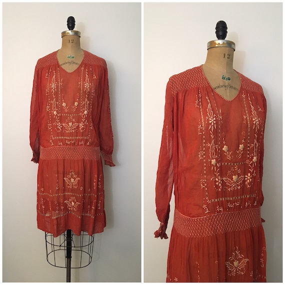 Vintage 1920s Embroidered Cotton Dress 20s Flapper