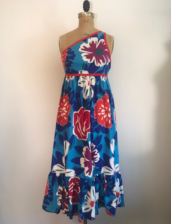 Vintage 1970s Swirl Dress 70s Floral One Shoulder… - image 2