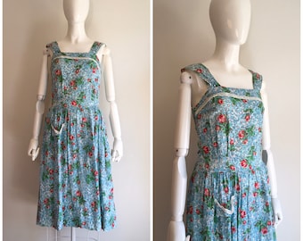 Vintage 1940s Rose Print Cotton Seer Sucker Pinafore Dress 40s Sundress