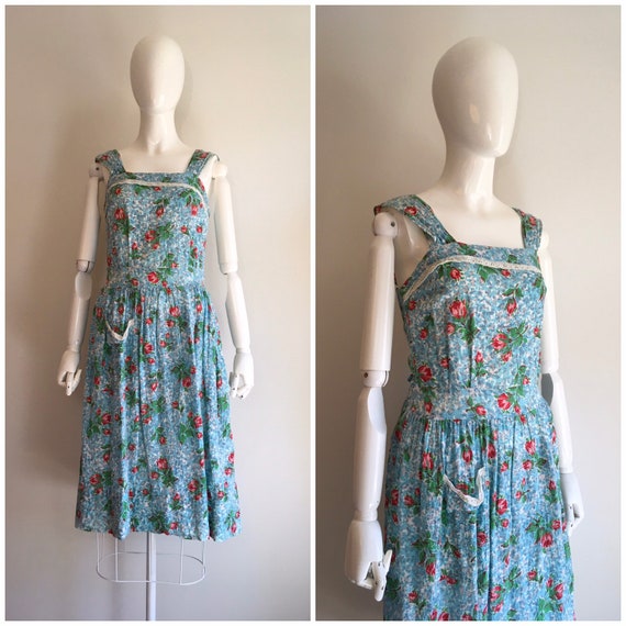 Vintage 1940s Rose Print Cotton Seer Sucker Pinafo
