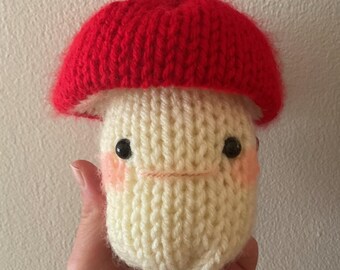 Fun Guy Handmade Knit Stuffed Mushroom Plushie Stuffie Red Cap With Pink Mouth