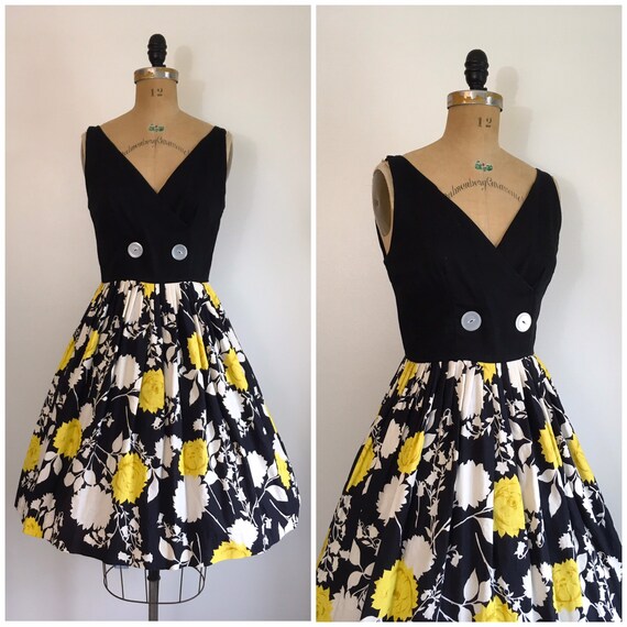 Vintage 1950s Yellow Rose Dress 50s Black And Yell