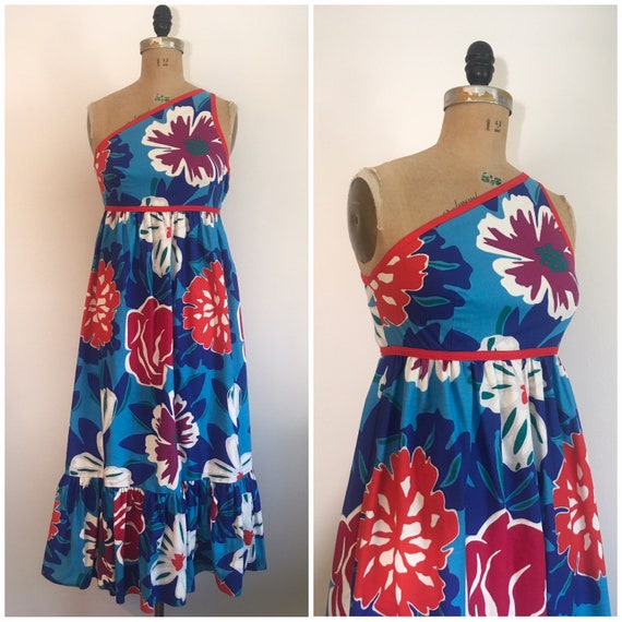 Vintage 1970s Swirl Dress 70s Floral One Shoulder… - image 1