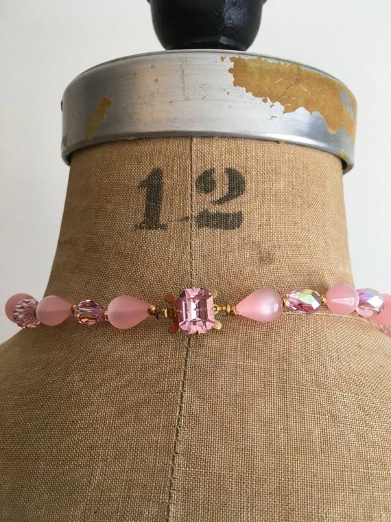 1950s 1960s Pink Moonglow Crystal Bead Necklace 5… - image 7