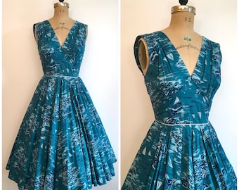 Vintage 1950s Sailboat Novelty Print Dress 50s Teal Cotton Tree Print