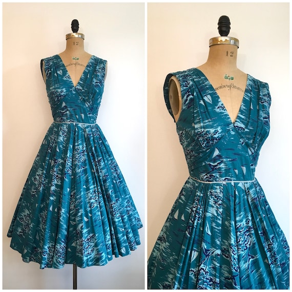 Vintage 1950s Sailboat Novelty Print Dress 50s Te… - image 1