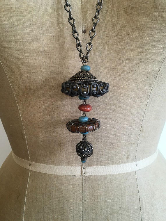 Vintage 70s Boho Tribal Tibetan Bead Pendant Neckl