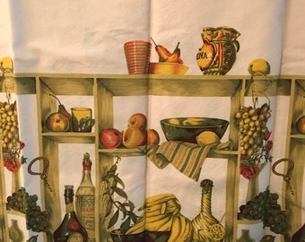 Vintage 1950s Kitchen Scene Novelty Print Fabric 50s Wine Border Print Food Fabric