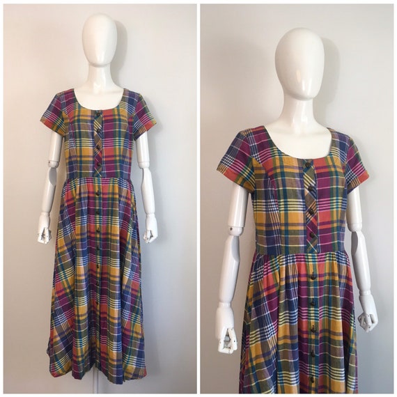 Vintage 1980s Melissa Rainbow Plaid Dress 80s