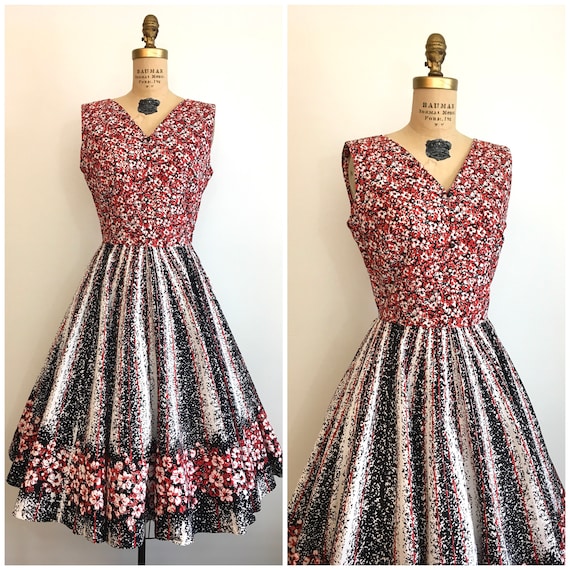 Vintage 1950's Border Print Floral Novelty Dress 5