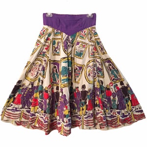 Vintage 1950s Art Museum Circle Skirt 50s Border Novelty Print Panel skirt image 1