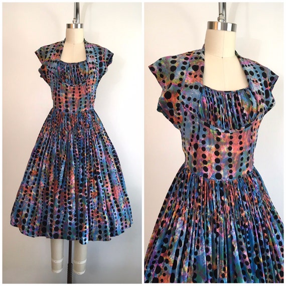 Vintage 1950s Rainbow Polka Dot Dress 50s Silk Dr… - image 1