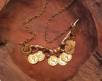 1970s 1980s Alexis Kirk Runway Necklace 70s 80s Deer Antlers Coin Gold Necklace