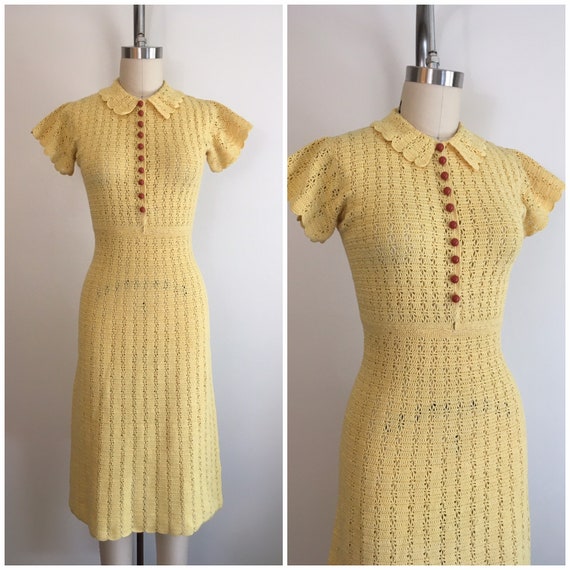 Vintage 1930s Crochet Yellow Dress 30s Flutter Sl