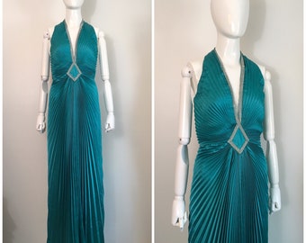 Vintage 1980s Teal Lillie Rubin Evening Gown 80s Rhinestone Maxi Dress