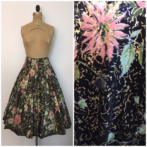 Vintage 1950s Novelty Print Panel Skirt 50s Gold C