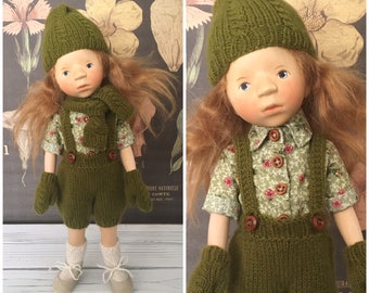 Hand Knit Doll Outfit For 14 Inch Elisabeth Pongratz Doll Handmade Shorts Shirt Hat Socks Scarf Mittens