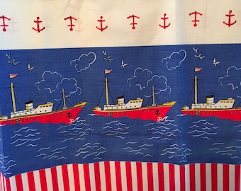 Vintage 1960s 1970s Ocean Liner Ship Novelty Print Fabric 60s 70s Anchor Border Print Fabric