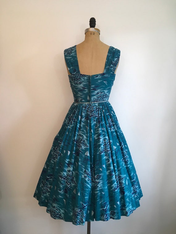 Vintage 1950s Sailboat Novelty Print Dress 50s Te… - image 3