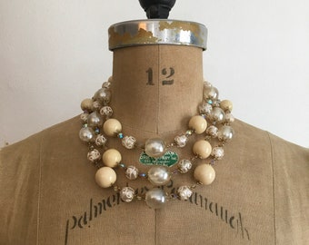 1950s 1960s Vendome Multi Strand Aurora Borealis Crystal Ivorine Pearl Necklace 50s 60s Pearls Wedding Cake Beads