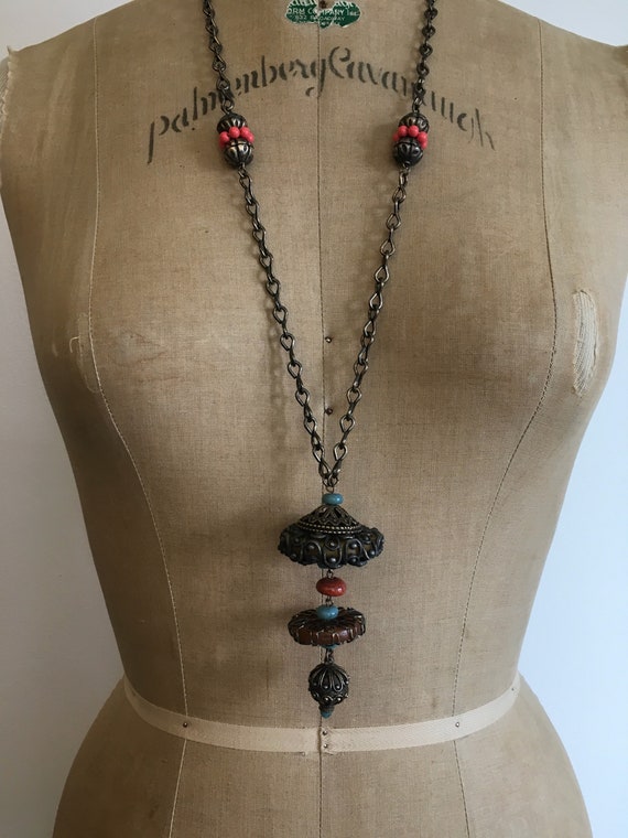 Vintage 70s Boho Tribal Tibetan Bead Pendant Neck… - image 2