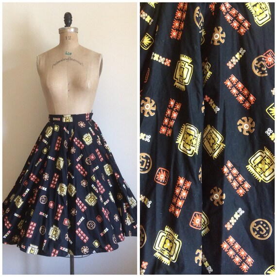 1950s Novelty Print Circle Cotton Skirt 50s Tiki H