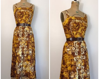 Vintage 1970s Batik Tie Dye Dress 70s Yellow Tropical Sundress