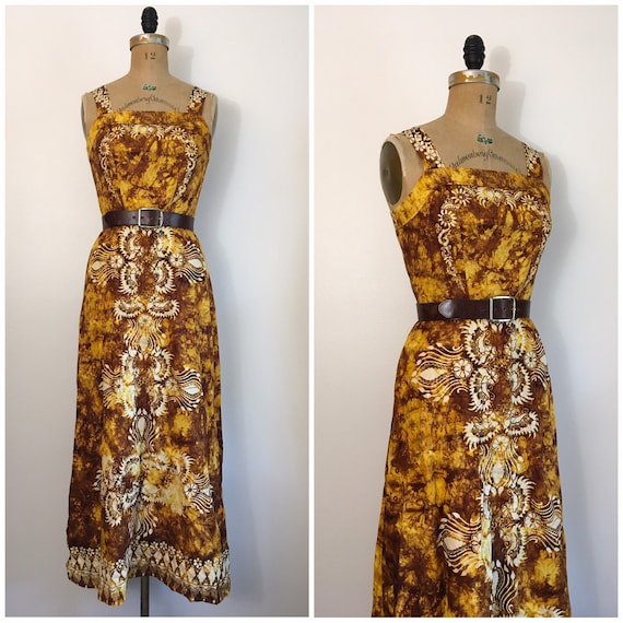 Vintage 1970s Batik Tie Dye Dress 70s Yellow Tropi