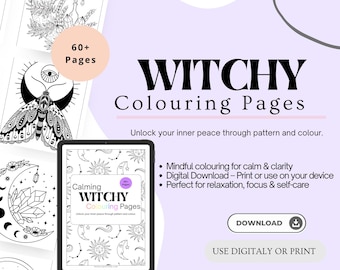 Witchy Colouring Pages | 60 Printable Adult Colouring Book | Celestial Moon Crystals Mindful Colouring | Digital Download Stress Relief