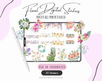Naklejki kwiatowe | Cyfrowe naklejki GoodNotes do druku | Naklejki do planera dziennika kwiatowego | Pobieranie cyfrowe do dekoracji Bullet Journal