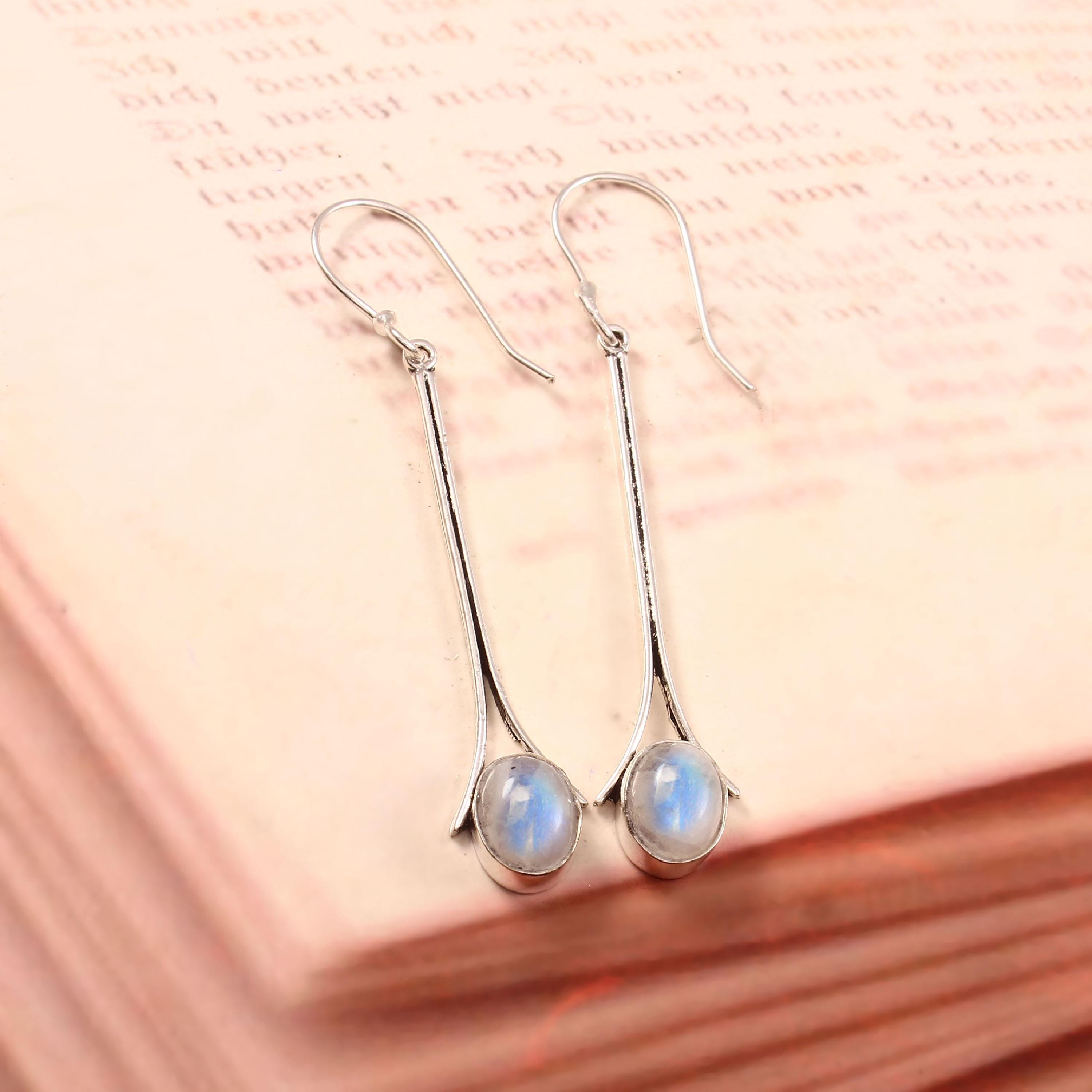 Boucles D'oreilles Uniques En Pierre De Lune, Hématite Et Argent 925 - Neuf Sans Emballage