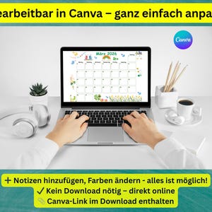 May include: A laptop displaying a March 2026 calendar with colorful illustrations is open on a white desk. The text "Bearbeitbar in Canva" is at the top. A cup of coffee, pencils, and headphones are also on the desk.