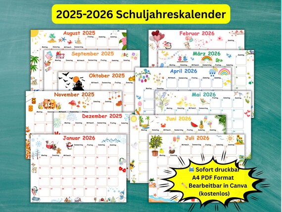 2025–2026 Schuljahreskalender – Editierbar und Druckbar als PDF – Akademischer Planer für Lehrer*innen, Eltern und Kinder