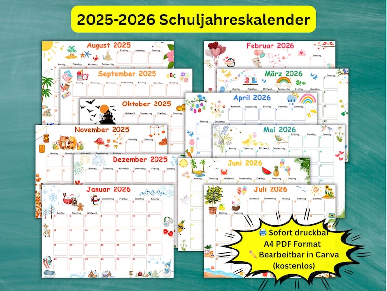 May include: A collection of colorful 2025-2026 school year calendars, each featuring a different month with themed illustrations. The calendars are in A4 PDF format and editable in Canva. The image includes the text "2025-2026 Schuljahreskalender".