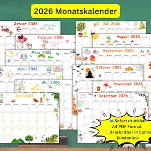 Può includere: Una collezione di calendari mensili per il 2026, ognuno con un'illustrazione stagionale. I calendari sono in vari colori e presentano testo in tedesco. È presente anche un banner giallo con testo in tedesco.