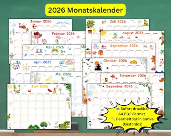 2026 Monatskalender für Kinder – Bunt, A4 PDF, Editierbar und Druckbar – Bunter Schulplaner