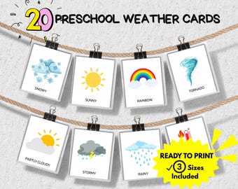 Weather Flashcards for Kids – 20 Printable Weather Cards in 3 Sizes – Preschool & Kindergarten Learning – PDF Instant Download - Montessori