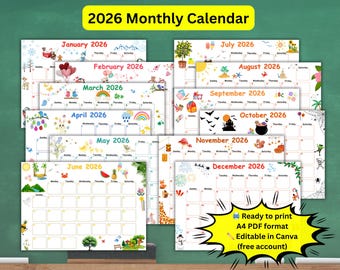 2026 Kids Calendar – Editable and Printable Monthly A4 PDF | Fun School Planner for Home and Classroom