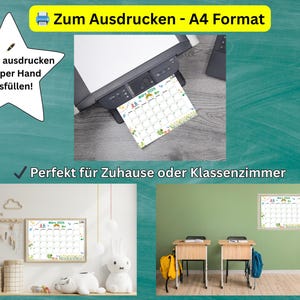 May include: A printed calendar with the text "M&auml;rz 2024" is shown in a printer. The image also shows a finished calendar hanging on a wall. Text in the image says "Easy to print and fill out by hand!" and "Perfect for home or classroom."